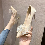 Vipkoala High Heels Women's Stiletto New Fashion Temperament Bow Rhinestone Pointed Wedding Shoes Bride  Designers Shoes Party Shoes