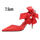 Vipkoala New Bow-knot Women Pumps Designer Shoes High Heels Sandals Women Satin Stiletto Heels Sexy Pearl Wedding Shoes Plus Size 43