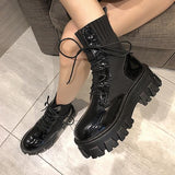 Vipkoala Black Patent Leather  Boots for Women Lace Up Platform Boots Women Winter Keep Warm Non-slip Short Booties for Ladies