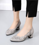 Vipkoala Summer Fashion Hollow Out Genuine Leather Pumps Women Shoes Med Heels Square Diamond Mesh Ladies Office  Crystal Pointshoes