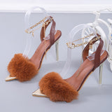 Vipkoala Sexy Women Shoes High Heels Sandals Metal Chain Open Toe Stilettos Ladies Basic Buckle Strap Furry Plush Shoes Woman Fur