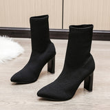 Vipkoala New Women Boots Stretch Knit Pointed Toe Solid  Ankle Boots Women Slim Botines Mujer Sexy High Heel Shoes Woman Big Size 43