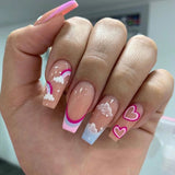 24pcs Pink Rainbow False Nails Long Coffin Love Heart Press on Nails Wearable Full Cover French Acrylic Nail Tips For Girls