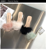 Vipkoala Transparent Crystal Chunky High Heel Slides Shoes for Women Summer Open Toe Square Toe Fur Women's Sandals Female Slippers Pumps