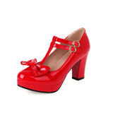 Vipkoala Women T Strap Mary Janes Shoes Lady High Heel Round Toe Bow Lolita Pumps Feminine Platform Heels Party Wedding Footwea Red Pink