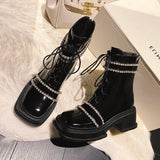 Vipkoala Patent Leather Rhinestone Bordered  Boots Belt Lace Up Round Toe  Ankle Splicing Fashion Winter Female Newest Shoes