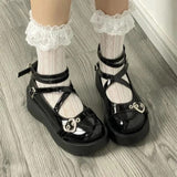 Vipkoala Women Mary Jane Shoes Harajuku Heart Black Wedge Thick Heel Platform Lolita Ladies Sandals Female Cross Tied Kawaii Sweet Shoes