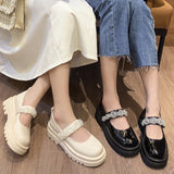 Vipkoala Mary Jane Women Shoes Leather Rhinestone New Spring Summer Loafers Ladies Thick Heel Platform Wedge Girl Shoes Big Size 43