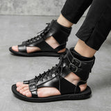 Vipkoala Summer New Men Gladiators Lace Up Buckle Leather Casual Shoes Breathable Beach Sandals Outdoor Slippers Black White Plus Size