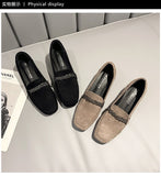 Vipkoala Autumn Winter Women Loafers Low Heels Boat Shoes Square Toe Dress Shoes Chain Faux Suede Plush Warm Ladies Shoes Plus Size