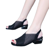 Vipkoala Women Sandals Fashion Thick Heel Peep Toe Women's Shoes Mesh Breathable Sandals Ladies Plus Size Girls Summer Beach Sandals