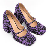 Vipkoala Hot Sale Ladies High Heels Shoes Purple Leopard Print Cover Toe Mary Jane Shoes Square Toe European Mature Women Pumps