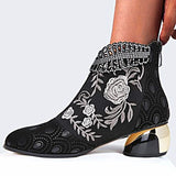 Vipkoala Autumn Comfortable Thick Heel Short Boots Fashion Spring Women Embroidered Flower Rhinestone Zipper Low Ankle Boots Winter