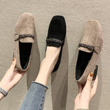 Vipkoala Autumn Winter Women Loafers Low Heels Boat Shoes Square Toe Dress Shoes Chain Faux Suede Plush Warm Ladies Shoes Plus Size