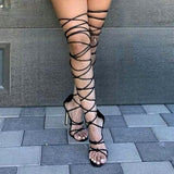 Vipkoala  Women's Knee-length High-heeled Gladiator Sandals Open-toe Cross-lace Lace-up High Heel Fashionable Sexy Roman Hollow Shoes