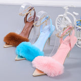 Vipkoala Sexy Women Shoes High Heels Sandals Metal Chain Open Toe Stilettos Ladies Basic Buckle Strap Furry Plush Shoes Woman Fur