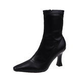 Vipkoala New Fashion Solid Color Side Zipper High Heel Ankle Boots Thin Boots Pointed Thin Heel Ankle Boots Women's Shoes Rubber