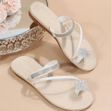 Vipkoala Women Summer Flat Rhinestone Flower Beach Slippers Comfy Clip Toe Lady Flat Beach Sandals Casual Female Flip Flops Zapatos Mujer