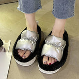 Vipkoala Women Faux Fur Pillow Slippers Lovers Winter Home Floor Shoes Open Toe Female Male Indoor Platform Slipper Ladies Fashion Slides