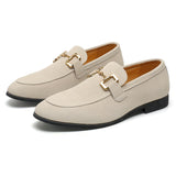 Vipkoala Men Loafers Solid Color Faux Suede Square Toe Low Heel Metal Buckle Fashion Business Casual Wedding Daily Dress Shoes