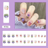 24Pcs/Set Short False Press on Nail Tip with Glue Designs Detachable Reusable Fake Nails with Glue Stick-on Nail Art DIY Tips