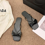 Vipkoala New Summer Slippers Square Toe Slippers Bow Knot Ladies Outdoor Beach Low Heel Solid Color Women's Fashion All-match Basic