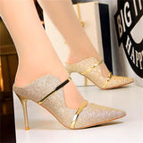 Vipkoala Golden High Heels Slippers Double Word Belt Outdoor Women's Sequined Cloth Pointed Shallow Thin Temperament Pumps Fashion Luxury