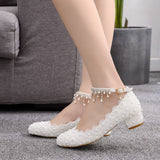 Vipkoala Female Fashion Wedding Shoes Bridesmaid Banquet White Lace Flower Pearl Round Toe Square High Heels Women's Bridal Pumps