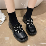 Vipkoala Autumn New Japanese Mary Jane Shoes Sweet Pearl Bow Small Leather Shoes Round Head Retro Thick Heel Shoes