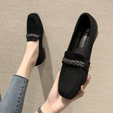 Vipkoala Autumn Winter Women Loafers Low Heels Boat Shoes Square Toe Dress Shoes Chain Faux Suede Plush Warm Ladies Shoes Plus Size