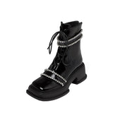 Vipkoala Patent Leather Rhinestone Bordered  Boots Belt Lace Up Round Toe  Ankle Splicing Fashion Winter Female Newest Shoes