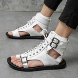 Vipkoala Summer New Men Gladiators Lace Up Buckle Leather Casual Shoes Breathable Beach Sandals Outdoor Slippers Black White Plus Size