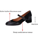 Vipkoala Genuine Leather Mary Jane Women's Shoes Fashion Retro Buckle Shallow Pumps Square Toe Thick Heel Handmade Shoes Woman Size 34-40