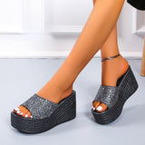 Vipkoala New Sequined High-heeled One-word Slippers Women Summer Outer Wear Platform Beach Comfort Sandals on Offer Free Shipping