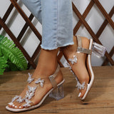 Vipkoala Summer Women Sandals Pvc Crystal Flower Decoration Chunky Heel Peep Toe Back Strap Elastic Band Elegant Fashion Shoes Ladies