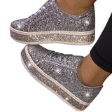 Vipkoala Women Vulcanize Shoes Sneakers Sliver Bling Shoes Girl Flat Glitter Sneakers Casual Female Breathable Lace Up Shoes