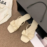 Vipkoala New Summer Slippers Square Toe Slippers Bow Knot Ladies Outdoor Beach Low Heel Solid Color Women's Fashion All-match Basic