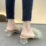 Vipkoala Transparent Crystal Chunky High Heel Slides Shoes for Women Summer Open Toe Square Toe Fur Women's Sandals Female Slippers Pumps