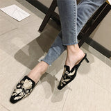 Vipkoala Women Slippers Pointed Toe Slip on Half Slippers Fashion Elegant Embroider Mules Autumn Outdoor Casual Ladies Middle Heel Slides