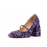 Vipkoala Hot Sale Ladies High Heels Shoes Purple Leopard Print Cover Toe Mary Jane Shoes Square Toe European Mature Women Pumps