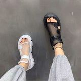 Vipkoala Sandals Women Summer New Fashion Thick-bottomed Breathable Eugene Yarn Mesh Magic Paste Roman Sandals Hook & Loop