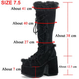 Vipkoala Black Furry Platform Chunky High Heeled Winter Autumn Knee High Boots Women Faux Fur Zip Gothic Style Punk Shoes Ladies