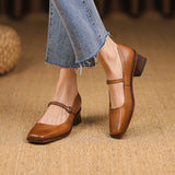 Vipkoala New Genuine Leather Mary Jane shoes Women's Shoes Retro Buckle Shallow Heel Pumps Square Toe Shoes Woman Zapatos De Mujer