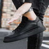 Vipkoala Men Leather Casual Shoes Fashion Leather Flat Shoes Sneakers Pure Black Warm Thick Sole Soft Wear Low Top New zapatillas hombre