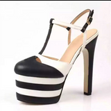 Vipkoala Luxuri New Brand Summer Stripe 16cm Super High Heels T-strap Sandals Women Party Dress Wedding Thick Platform Mixed Color Shoes