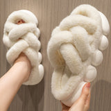 Vipkoala Warm Faux Fur Slippers Women Indoor Street Shoes Cross Strap Thick Sole Ladies Fashion Slides Soft Female Furry Slipper