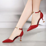 Vipkoala Women Fashion Sweet Pointed Toe Buckles Strap Stiletto Heels Lady Cool Red Party Heel Shoes Zapatos De Tacon Medio Vestir Mujer