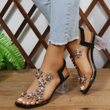 Vipkoala Summer Women Sandals Pvc Crystal Flower Decoration Chunky Heel Peep Toe Back Strap Elastic Band Elegant Fashion Shoes Ladies