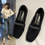 Vipkoala Autumn Winter Women Loafers Low Heels Boat Shoes Square Toe Dress Shoes Chain Faux Suede Plush Warm Ladies Shoes Plus Size