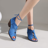 Vipkoala Rome Women Peep Toe Lace Up Shoes Square Heel Chunky Gladiator High Heels Cross Straps Blue Khaki Pump Spring Autumn Shoes 41 42